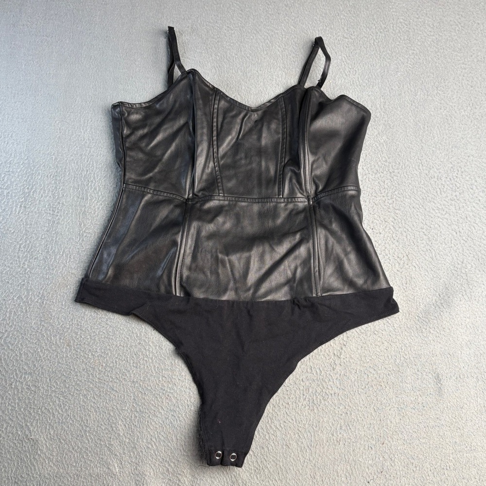 Guess Black Faux Leather Corset Bodice Bodysuit Large R1BH08WDPD0